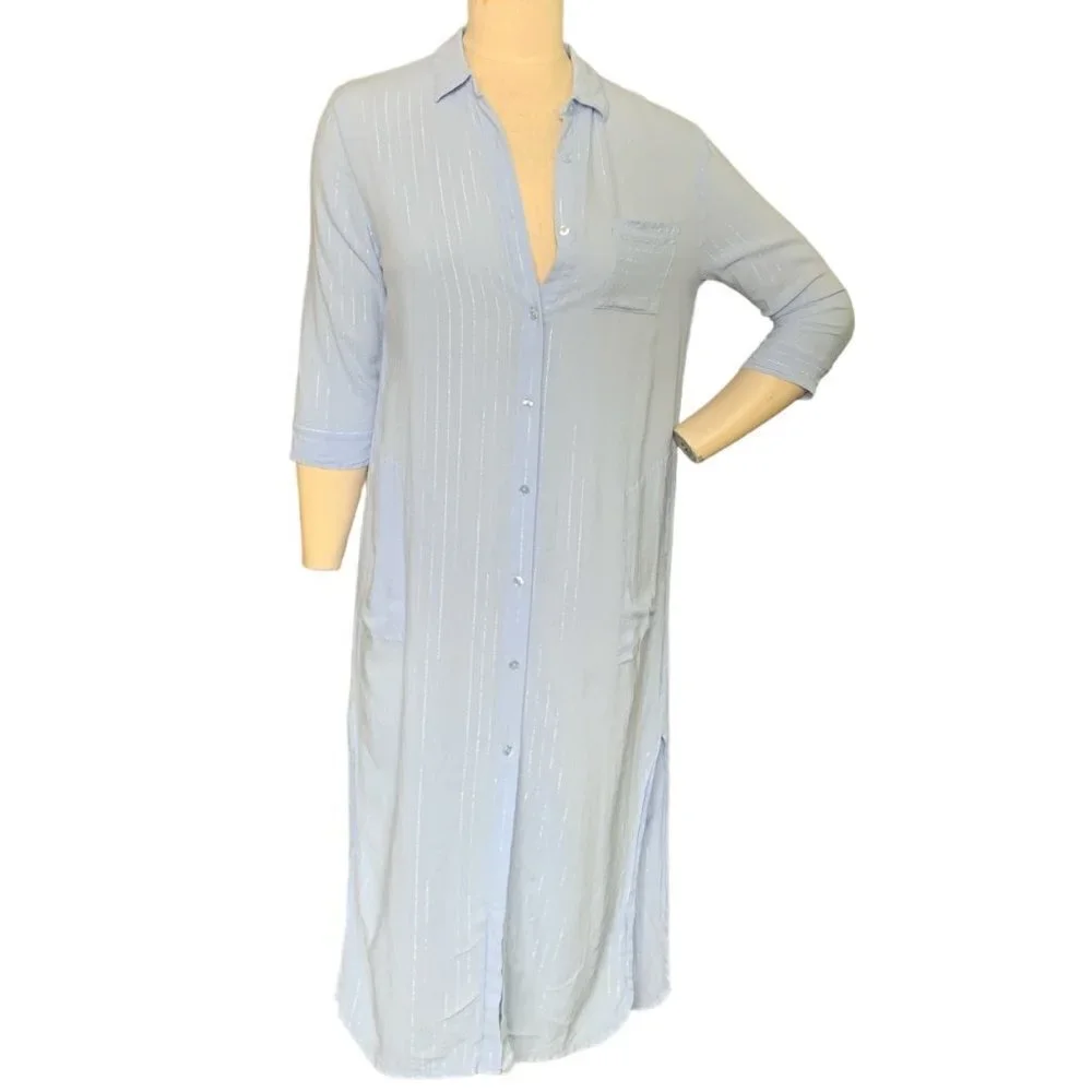 Donna Karan‎ Sleepwear Striped Button-Down Night Shirt-Dress Sz S Blue #129G